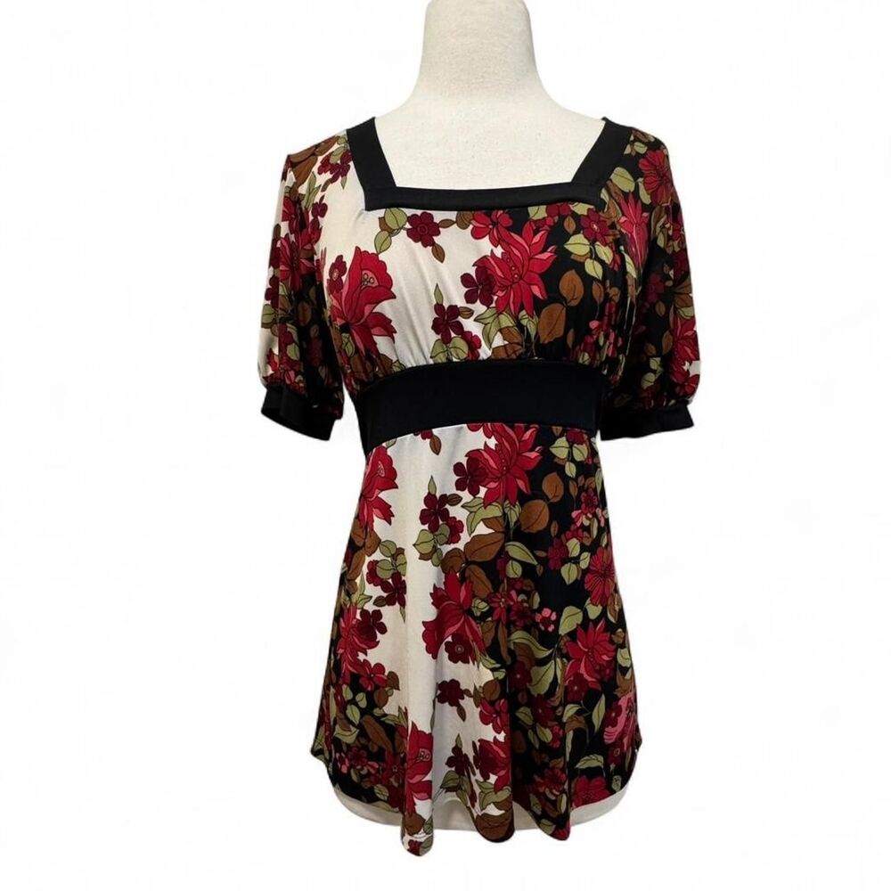 Babydoll Top Shirt M Short Sleeve Tie Floral Whimsigoth Boho Milkmaid Peasant
